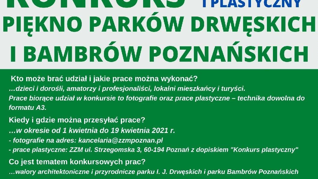 Plakat przedstawiający szczegóły konkursu. U góry plakatu znajdują się zdjęcia obu parków.