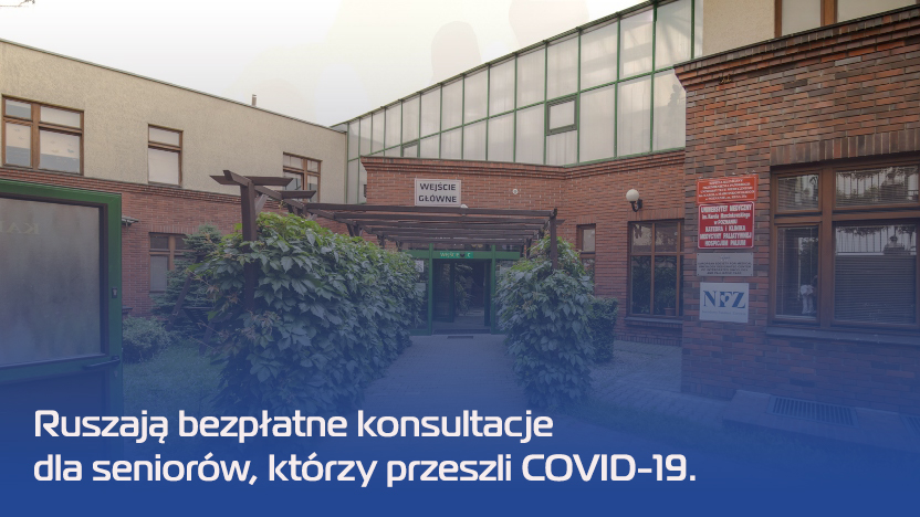 Zdjęcie przedstawia główne wejście do Hospicjum Palium. U doły biały napis na niebieskim tle: Ruszają bezpłatne konsultacje dla seniorów, którzy przeszli COVID-19. - grafika artykułu