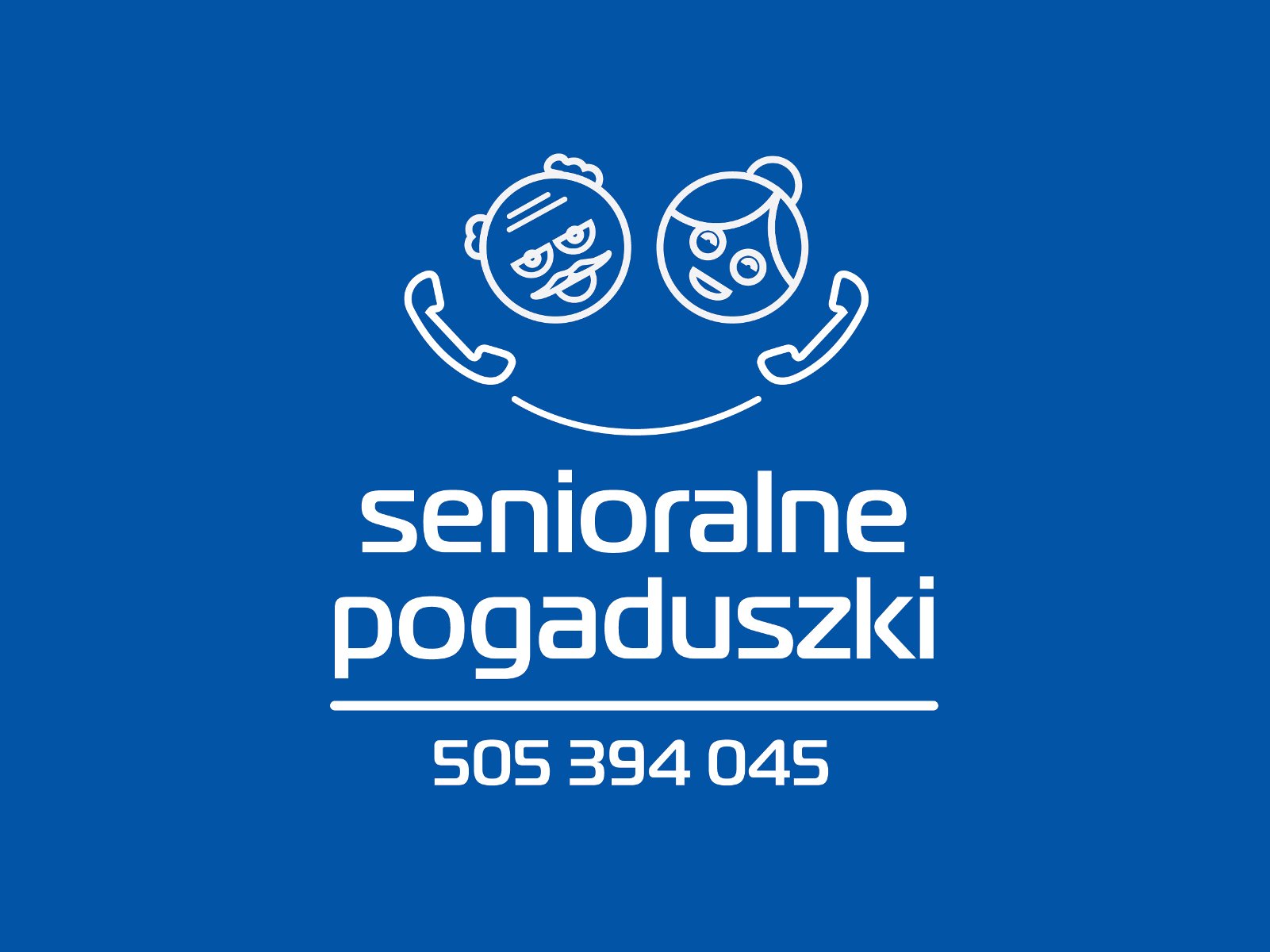 Grafika: na granatowym tle schematyczne twarze seniora i seniorki, rozmawiających przez telefon - grafika artykułu