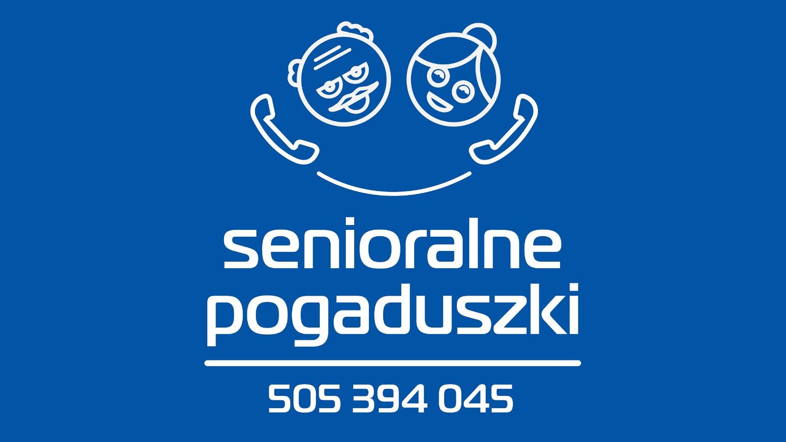 Grafika: na granatowym tle schematyczne twarze seniora i seniorki, rozmawiających przez telefon