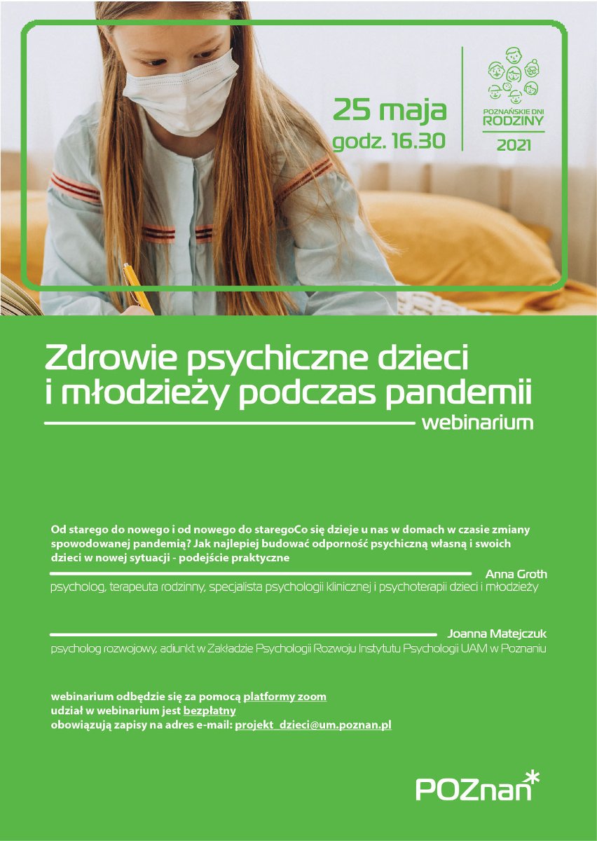 Plakat: na zdjęciu nastolatka w bluzie i w maseczce, pod zdjęciem, na zielonym tle - informacje o webinarze - grafika artykułu