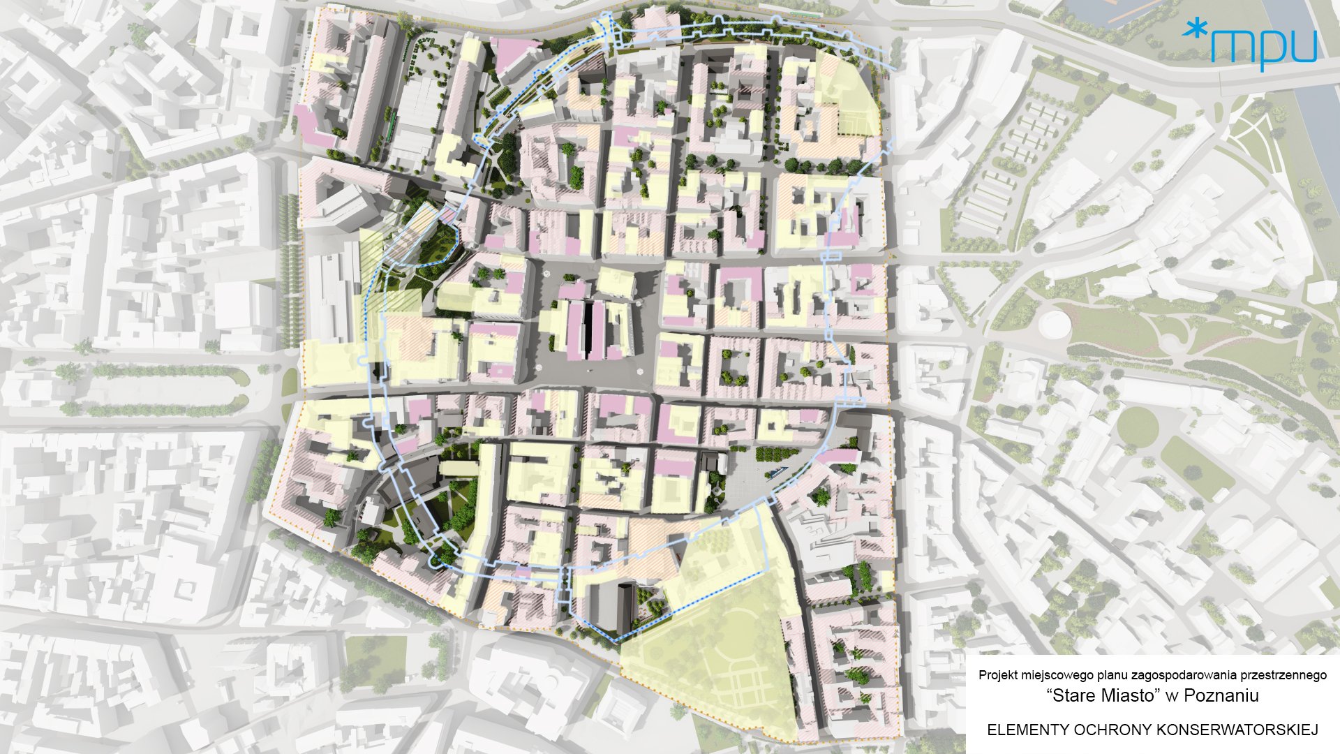 Grafika MPU przedstawiająca elementy ochrony konserwatorskiej na obszarze, który ma zostać objety planem