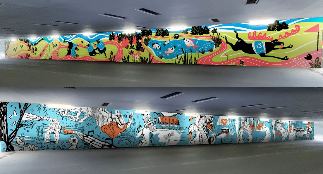 Wizualizacja przedstawia mural, który powstanie w tunelu na Golęcinie. Został on ukazany na dwóch zdjęciach. Mural na górnej fotografii przedstawia boisko sportowe, a także rośliny i zwierzęta. Mural na dolnym zdjęciu przedstawia park - widać na nim łabędzie czy człowieka siedzącego na ławce. - grafika artykułu