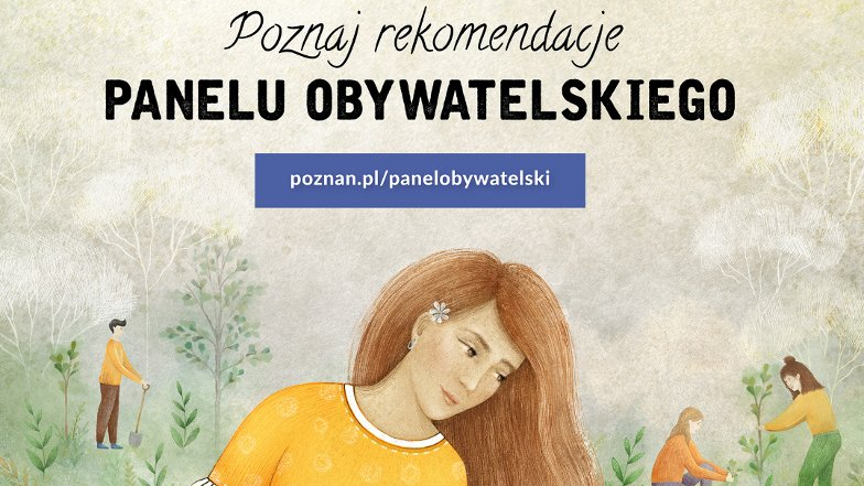 Grafika przedstawia kobietę z konewką. W tle widać innych ludzi pielęgnujących rośliny.