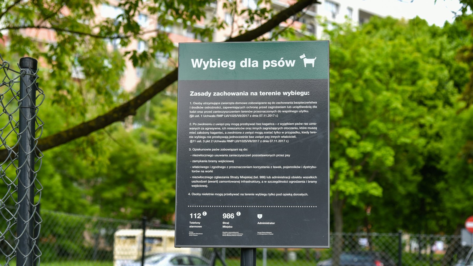 Zdjęcie przedstawia tabliczkę z napisem "wybieg dla psów" oraz regulaminem.