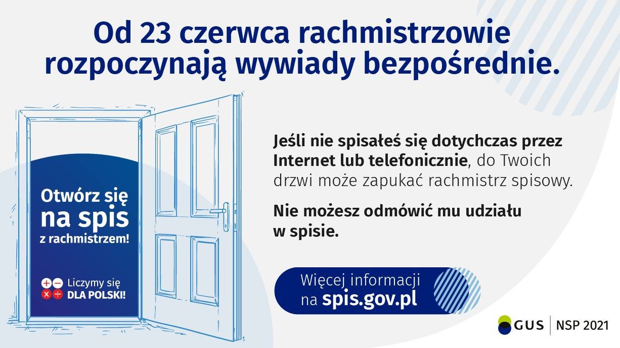 Plakat. Niebieski napis na szarym tle: Od 23 czerwca rachmistrzowie rozpoczynają wywiady bezpośrednie.