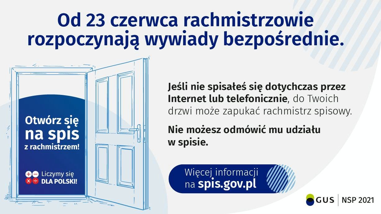 Plakat. Niebieski napis na białym tle: Od 23 czerwca rachmistrzowie rozpoczynają wywiady bezpośrednie. - grafika artykułu