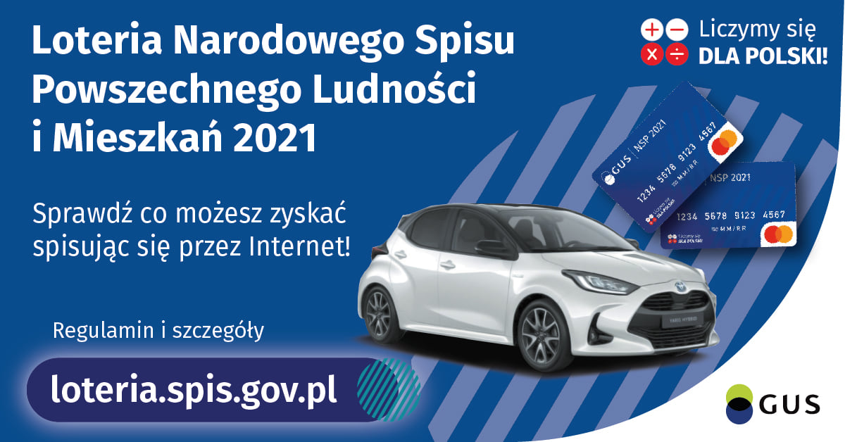 Grafika. Biały napis na niebieskim tle: Loteria Narodowego Spisu Powszechnego Ludności i Mieszkań 2021. Obok zdjęcie samochodu i kart płatniczych. - grafika artykułu