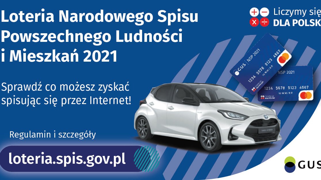 Grafika. Biały napis na niebieskim tle: Loteria Narodowego Spisu Powszechnego Ludności i Mieszkań 2021. Obok zdjęcie samochodu i kart płatniczych.