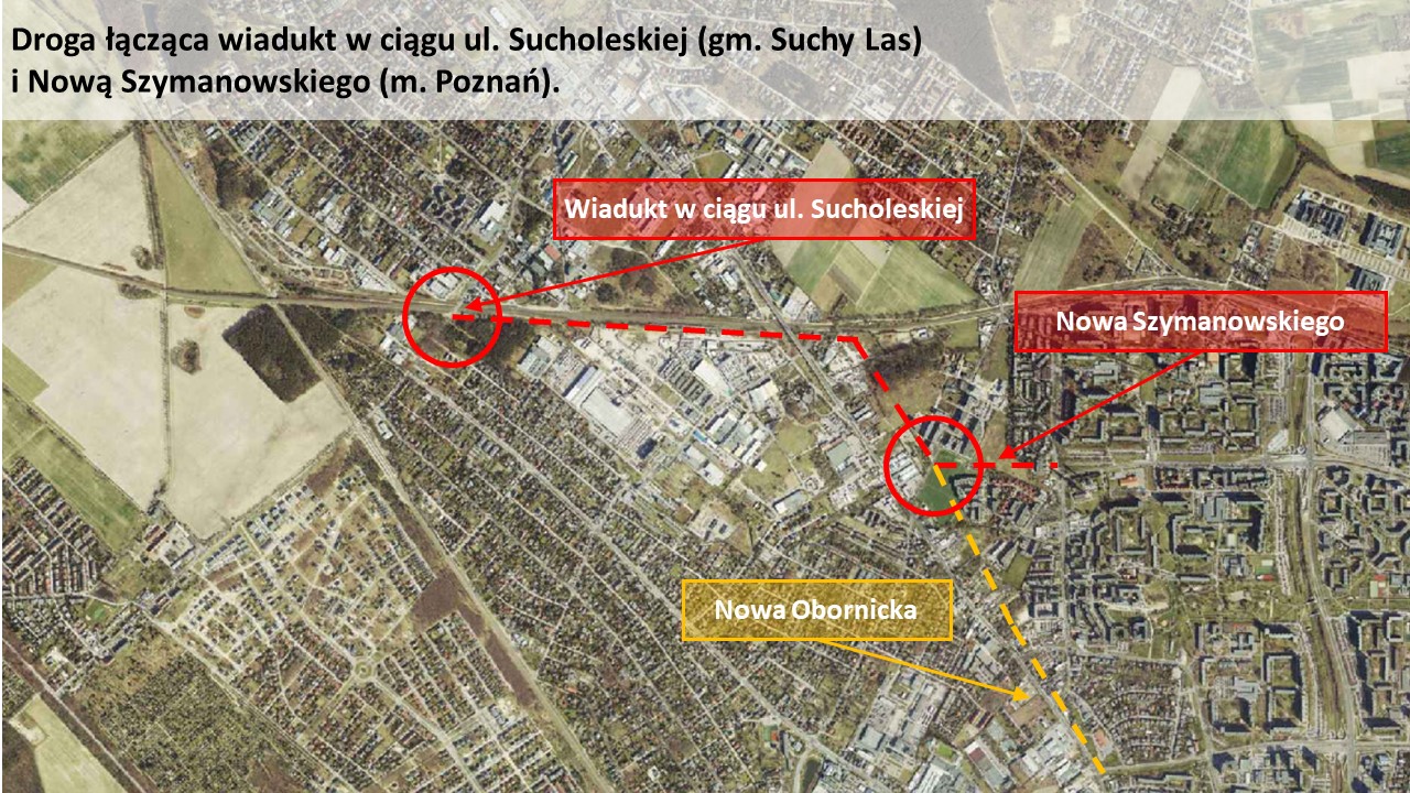 Na zdjęciu mapa (widok satelitarny) z zaznaczonymi przebiegami proponowanych nowych ulic - grafika artykułu