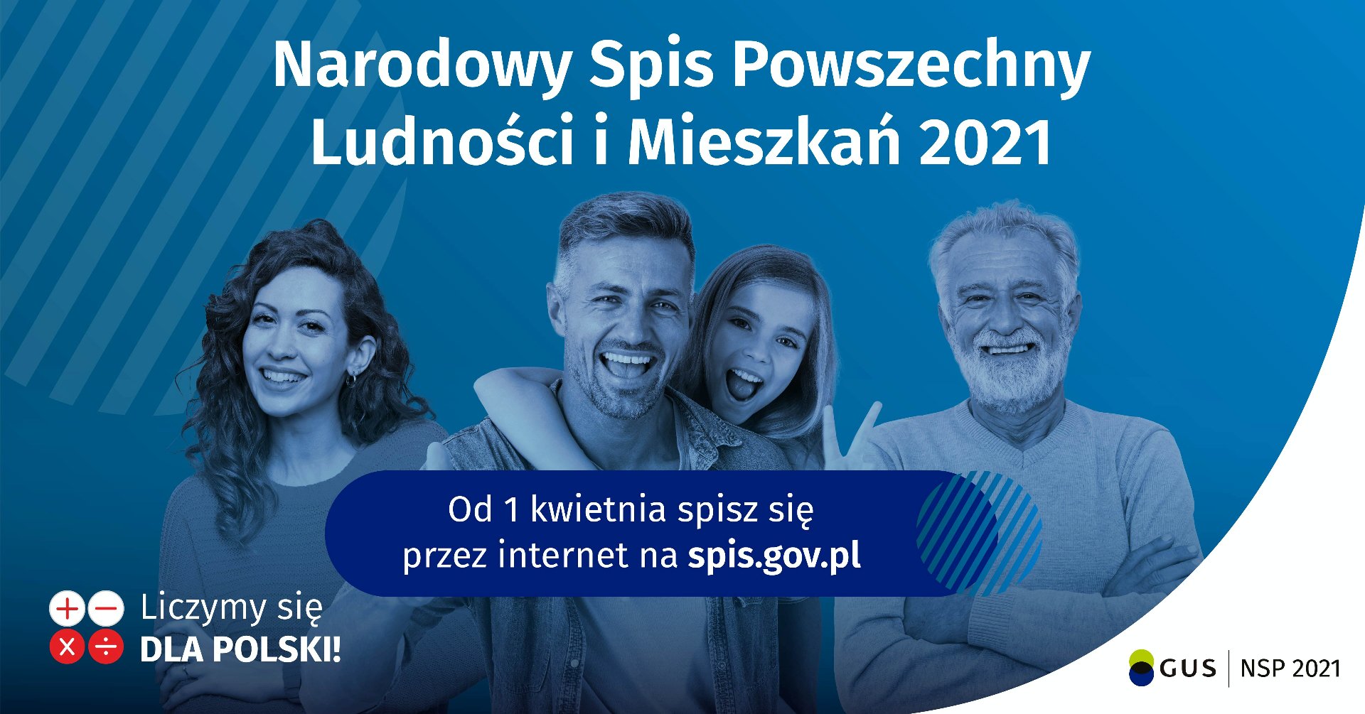 Plakat promujący spis powszechny. Na nim zdjecie czteroosobowej rodziny. U góry napis "Narodowy Spis Powszechny Ludności i Mieszkań 2021". - grafika artykułu