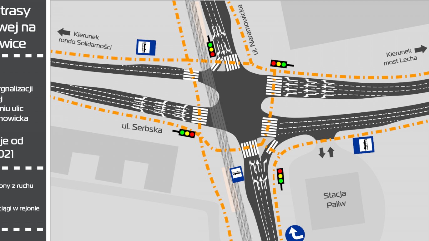 Mapka przedstawia nową organizację ruchu.