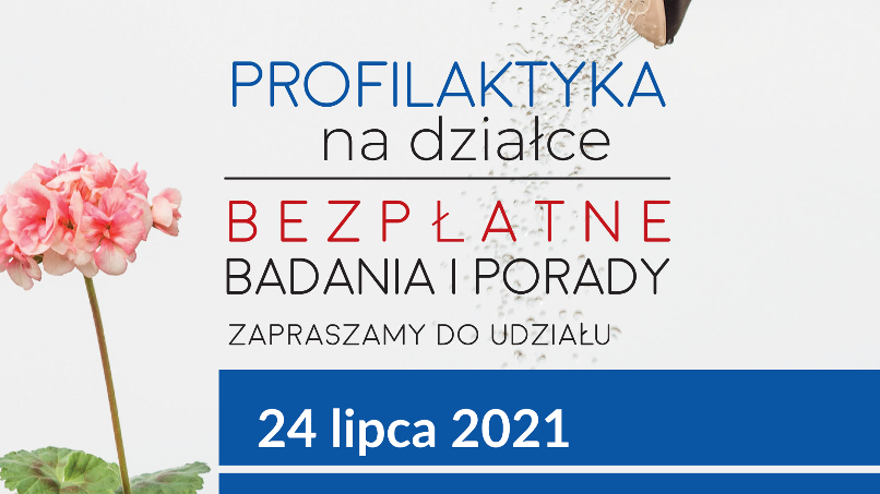 Plakat informujący o wydarzeniu, w tle zdjęcie: pelargonia i ręka z konewką