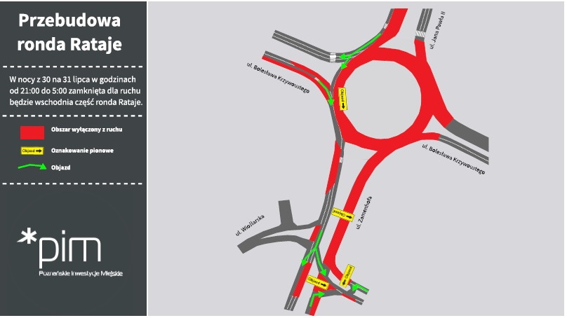 Mapa objazdów na rondzie - z zaznaczonymi obszarami, które będą wyłączone z ruchu