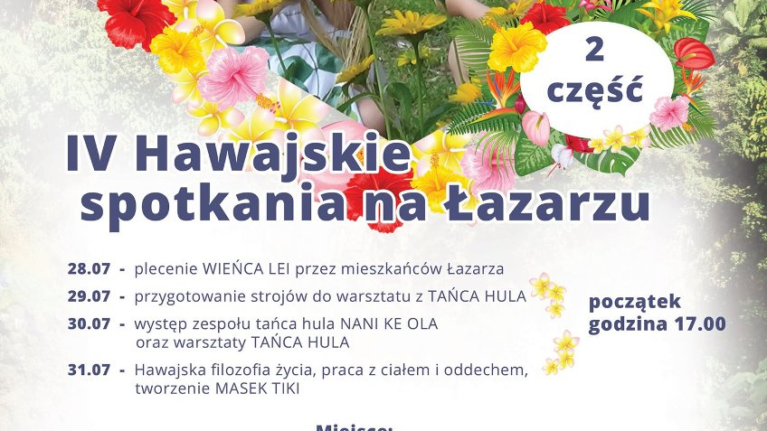 Plakat przedstawia zdjęcie dziewczyn, które plotą wianki z kwiatów oraz harmonogram wydarzenia.