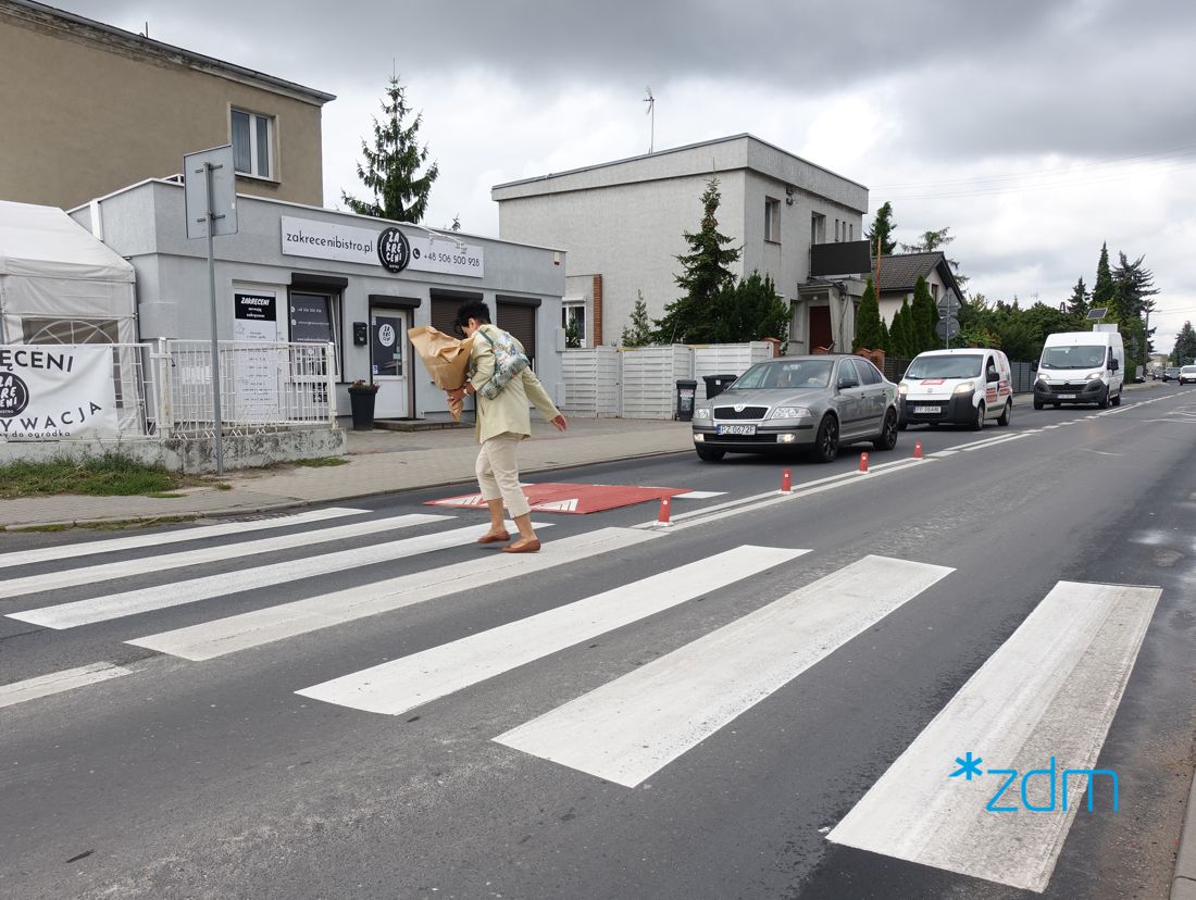 Na zdjęciu osoba przechodzi przechodzi przez przejście dla pieszych. Przed nim jest zamontowany próg zwalniający, przed którym zatrzymały się auta - grafika artykułu