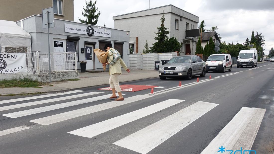 Na zdjęciu osoba przechodzi przechodzi przez przejście dla pieszych. Przed nim jest zamontowany próg zwalniający, przed którym zatrzymały się auta