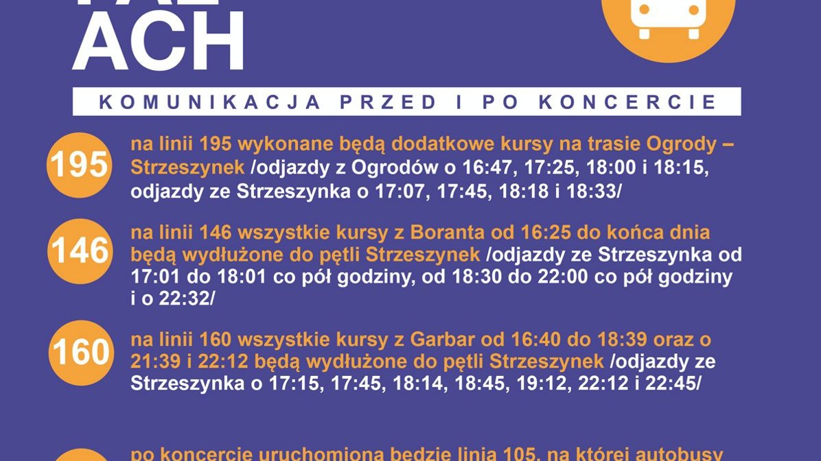 Grafika przedstawia plakat z informacjami o komunikacji miejskiej w dniu koncertu.