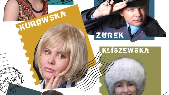 Grafika przedstawia zdjęcia aktorów w postaciach znaczków pocztowych na kartce przypominającej kartkę pocztową.