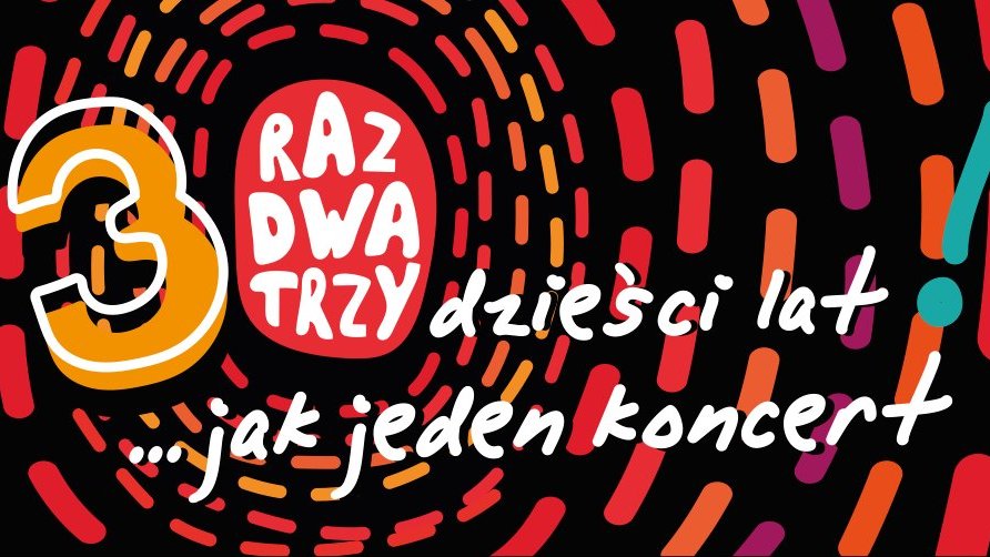 Grafika przedstawia kolorowe kreski oraz napis "30 lat - Raz, Dwa, Trzy. Dziesięć lat... jak jeden koncert".