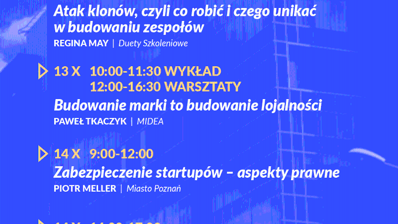 Galeria zdjęć przedstawia ffioletow-białe grafiki promujące konferencję "Startup Poznań".