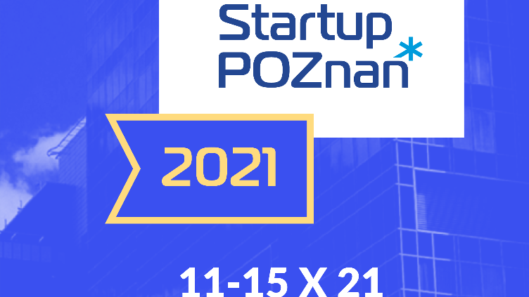 Galeria zdjęć przedstawia ffioletow-białe grafiki promujące konferencję "Startup Poznań".