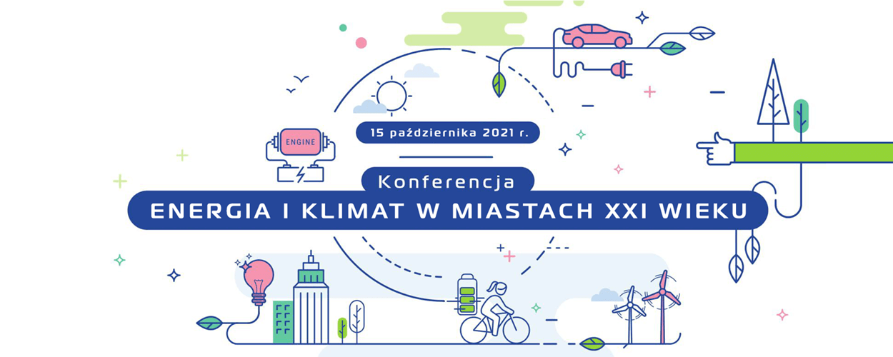 Grafika przedstawia nazwę i datę konferencji oraz rysunki nawiązujące do energii i klimatu, bp. samochód elektryczny, baterię, człowieka na rowerze, wiatraki. - grafika artykułu