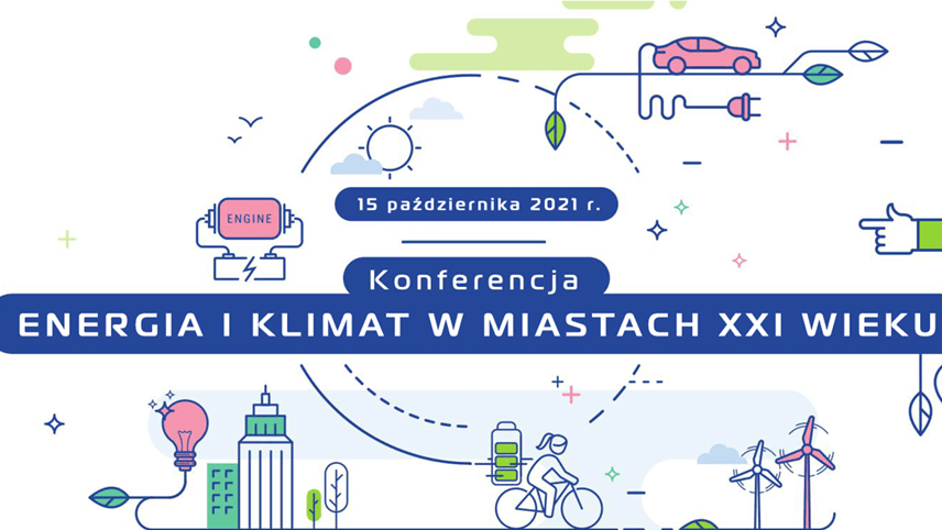 Grafika przedstawia nazwę i datę konferencji oraz rysunki nawiązujące do energii i klimatu, bp. samochód elektryczny, baterię, człowieka na rowerze, wiatraki.