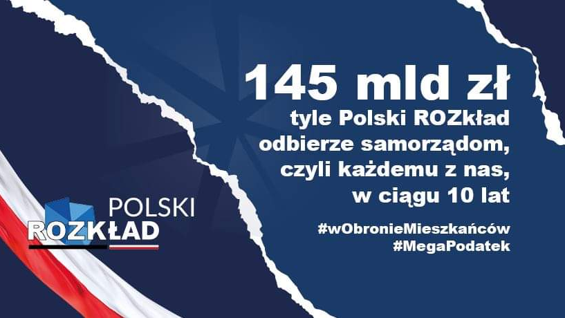 Grafika: na granatowym tle biały napis: 145 mld zł - tyle Polski ROZkład odbierze samorządom, czyli każdemu z nas, w ciągu 10 lat