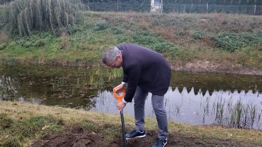 Zdjęcie przedstawia wiceprezydenta sadzącego drzewo.