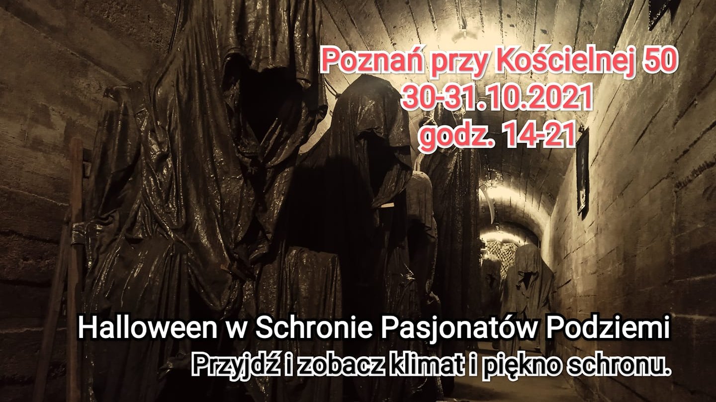 Plakat promujący halloween w Schronie Pasjonatów Podziemi.