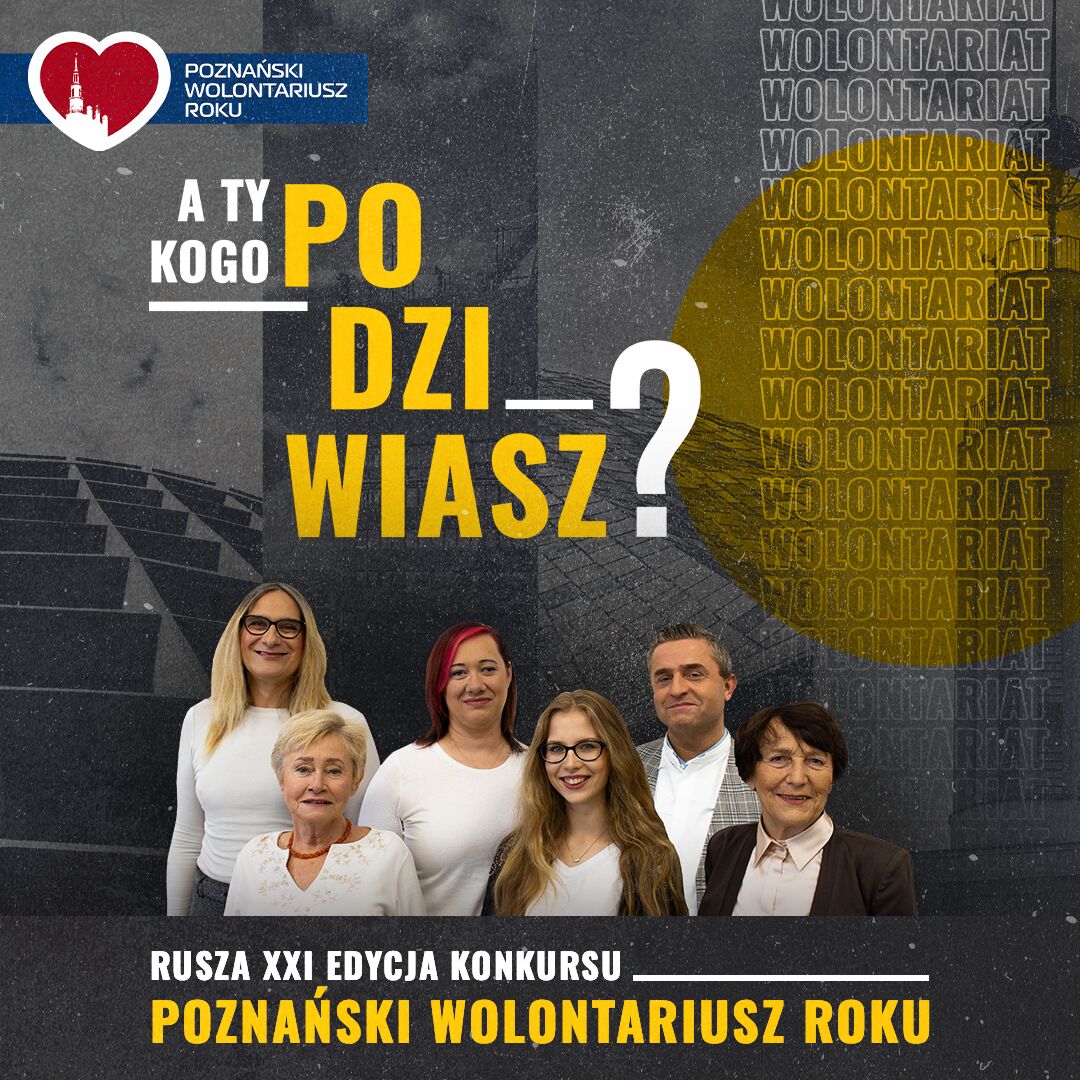 Grafika z nazwą konkursu, na pierwszym planie wolontariusze i wolontariuszki - grafika artykułu