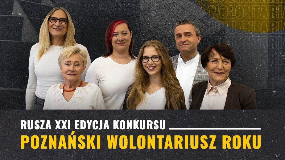 Grafika z nazwą konkursu, na pierwszym planie wolontariusze i wolontariuszki