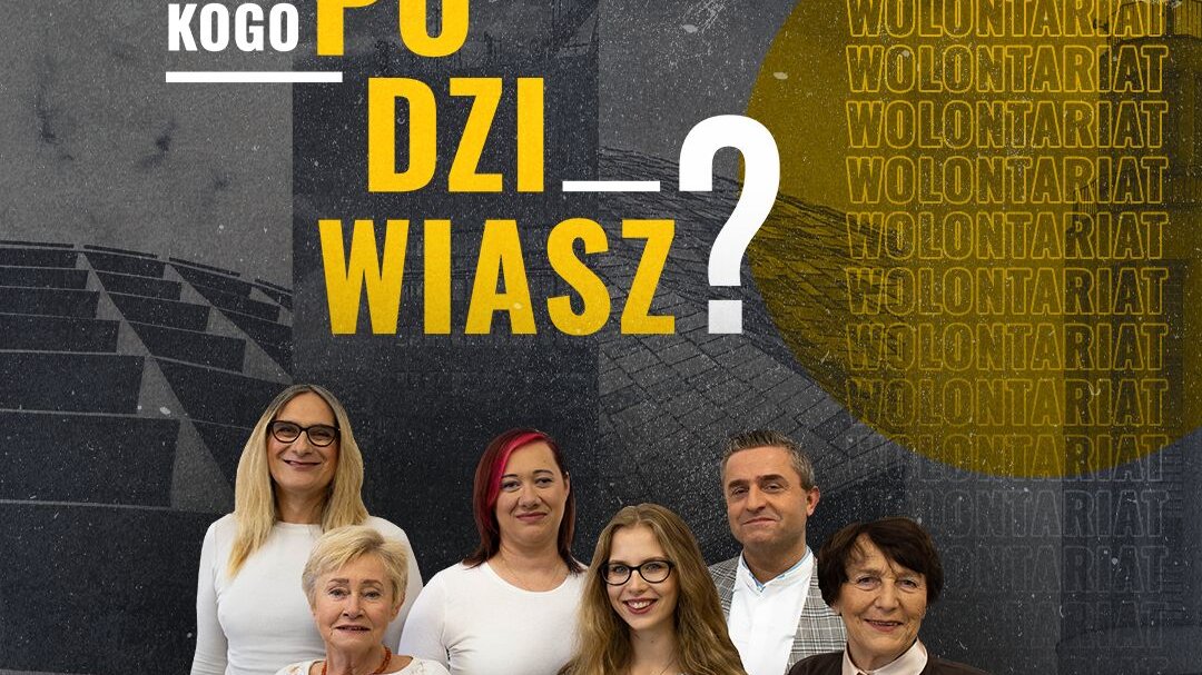 Grafika z nazwą konkursu, na pierwszym planie wolontariusze i wolontariuszki