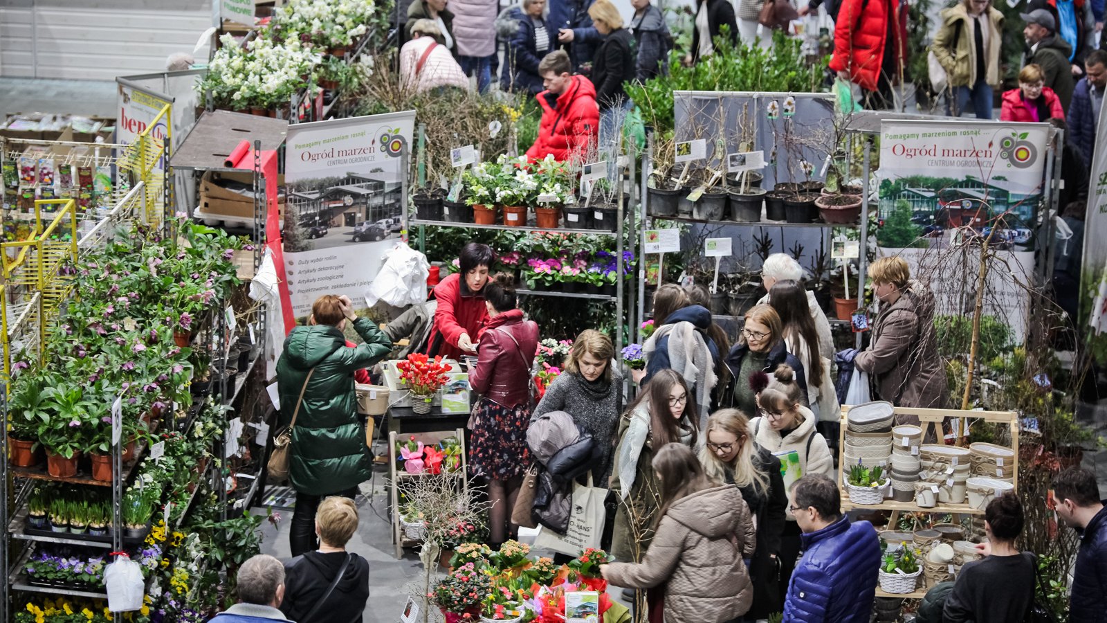 Targi Gardenia. Grupa osób przechadza się między stoiskami pełnymi roślin.