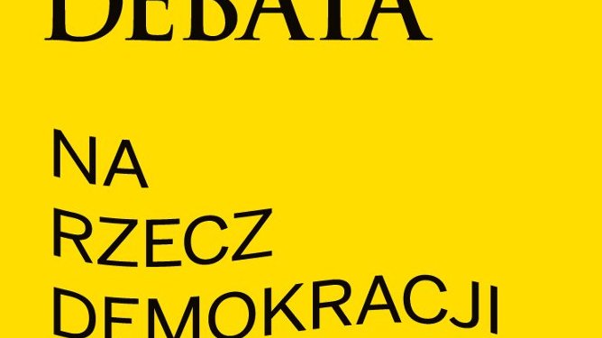 Grafika: zapowiedź debaty na żółtym tle