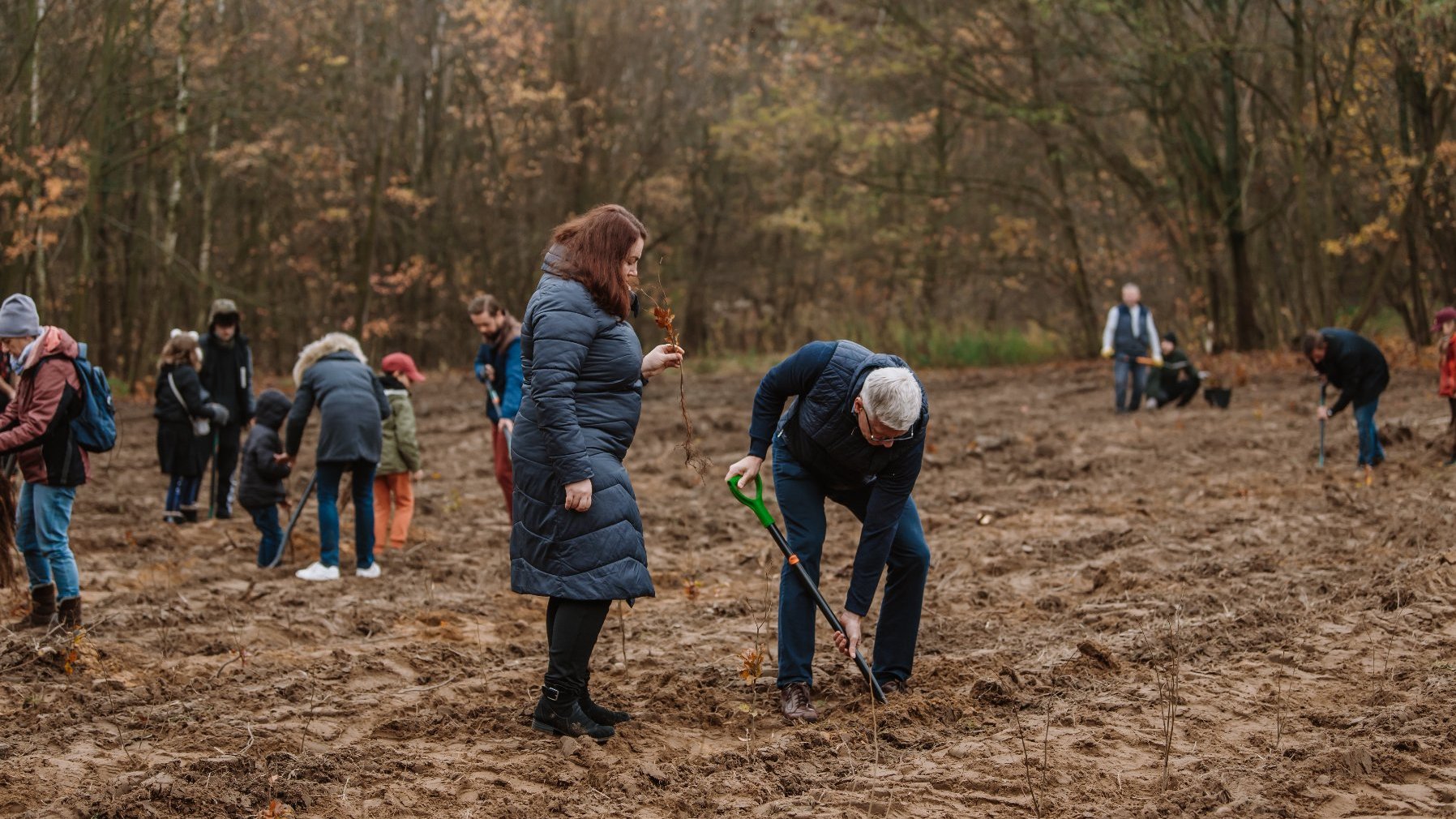 Zdjęcie przedstawia prezydenta sadzącego drzewa. W tle widać innych ludzi, którzy robią to samo.