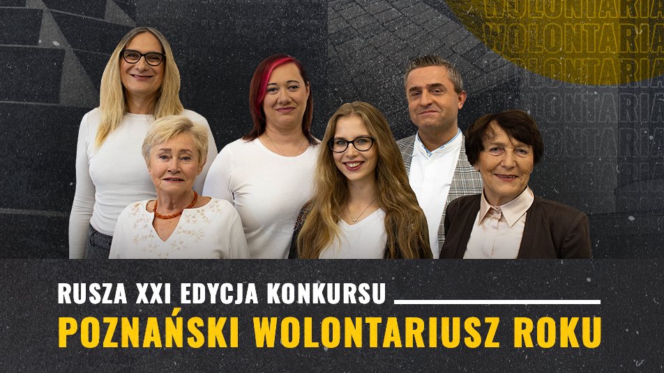 Galeria zdjęć przedstawia grafiki promujące konkurs Poznański Wolontariusz Roku 2021. Widać na nich grupę uśmiechniętych osób patrzących w obiektyw. - grafika artykułu