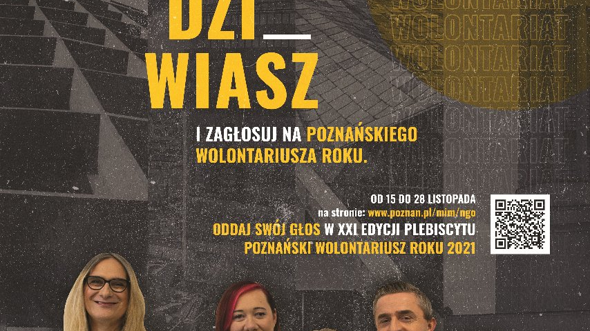 Galeria zdjęć przedstawia grafiki promujące konkurs Poznański Wolontariusz Roku 2021. Widać na nich grupę uśmiechniętych osób patrzących w obiektyw.