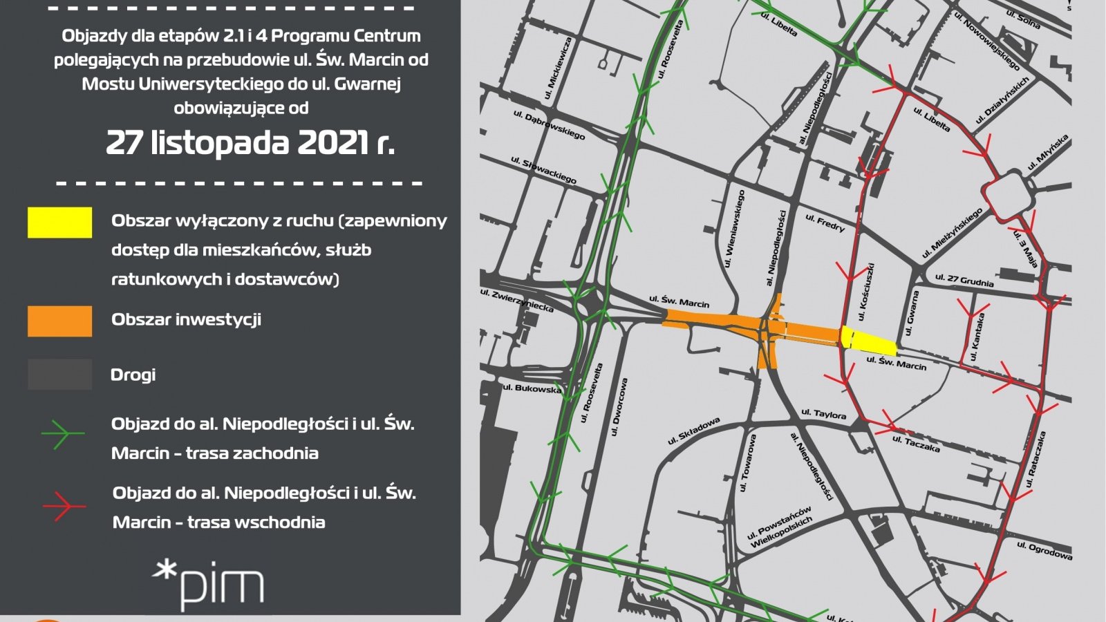 Infografika z mapką obrazującą zmiany w organizacji ruchu