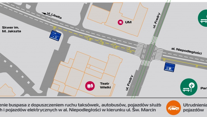 Infografika z mapką obrazującą zmiany w organizacji ruchu