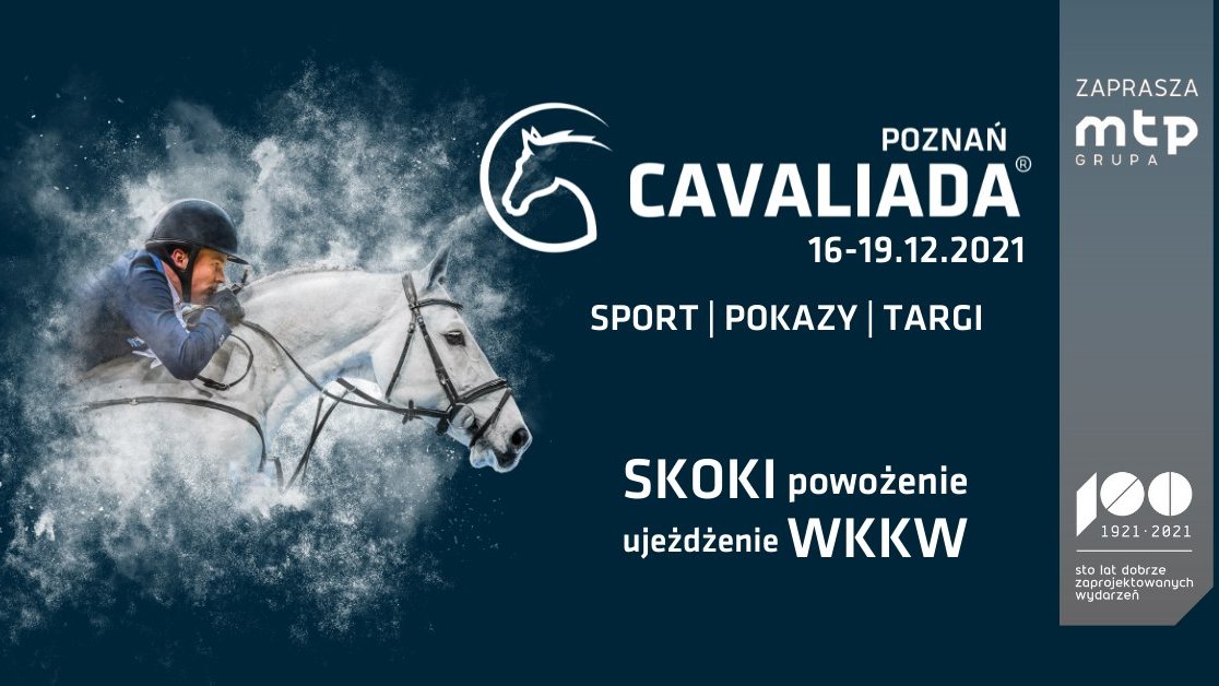 Grafika przedstawia plakat zapowiadający Cavaliadę. Widać na nim zdjęcie mężczyzny na koniu oraz informacje o wydarzeniu.