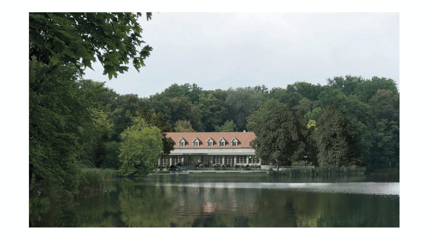 Galeria wizualizacji przedstawia budynek restauracji i hotelu oraz otaczającą ją zieleń.