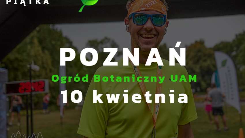 Grafika przedstawia zdjęcie mężczyzny w ciemnych okularach, z medalem na szyi oraz informacje o biegu.