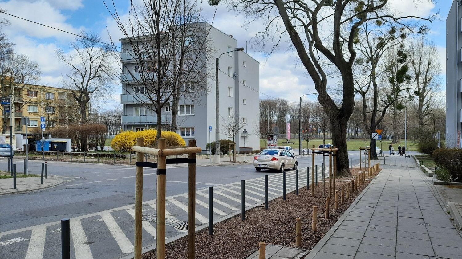 Galeria zdjęć przedstawia ulicę z samochodami, budynki i zieleń w pasie drogowym.