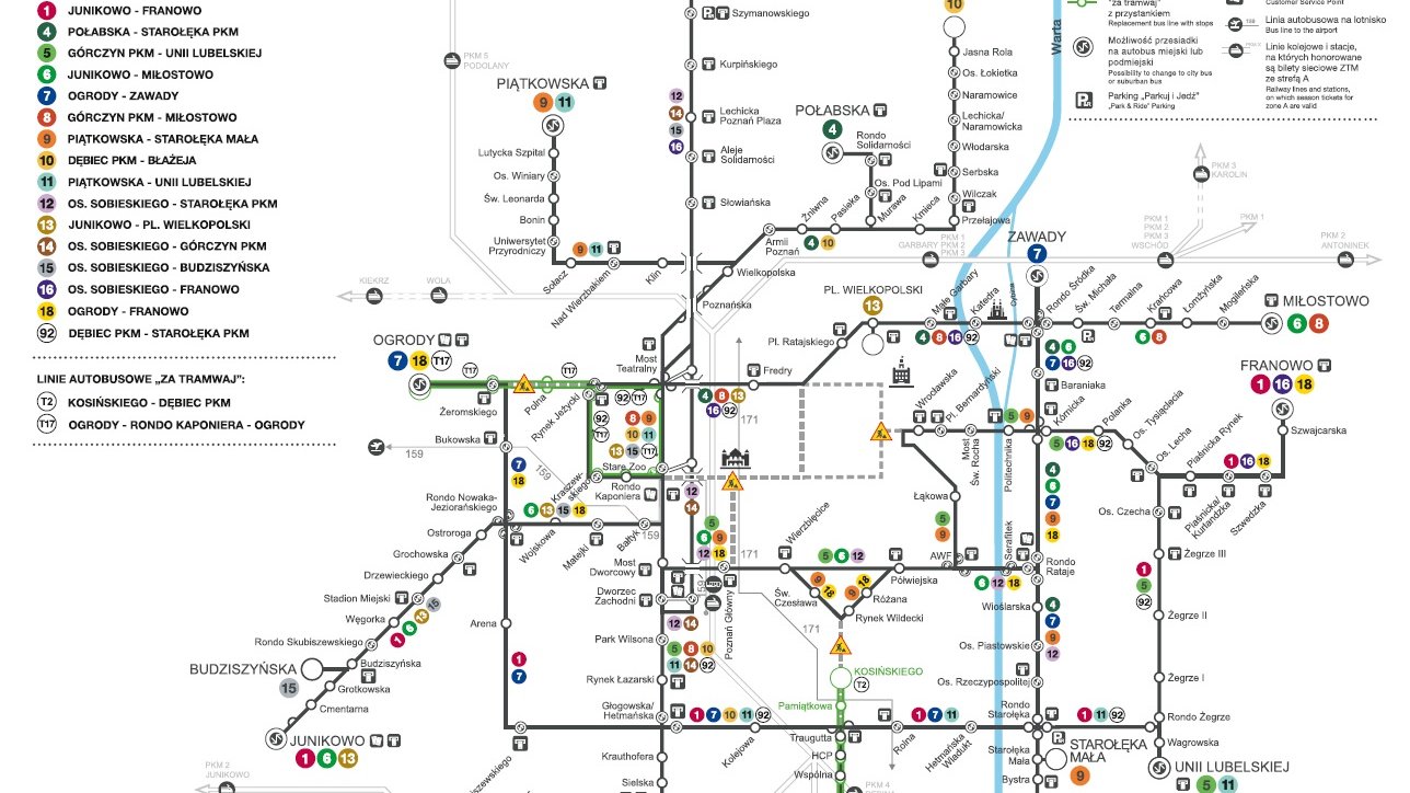 Mapa przedstawiająca przebieg linii tramwajowych.