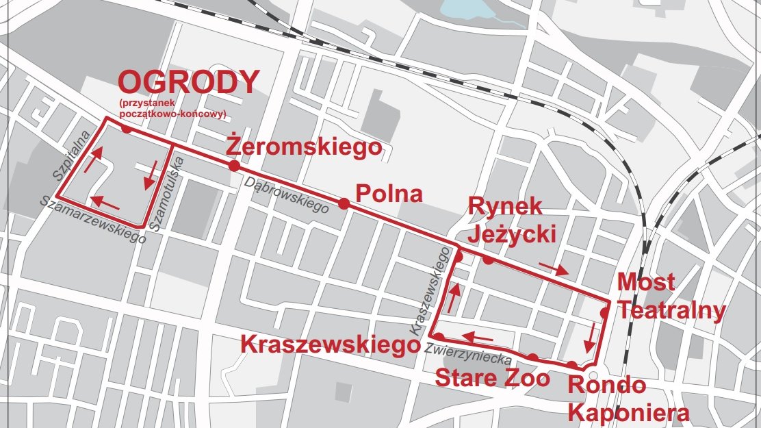 Mapa pokazująca przebieg trasy autobusu za tramwaj.