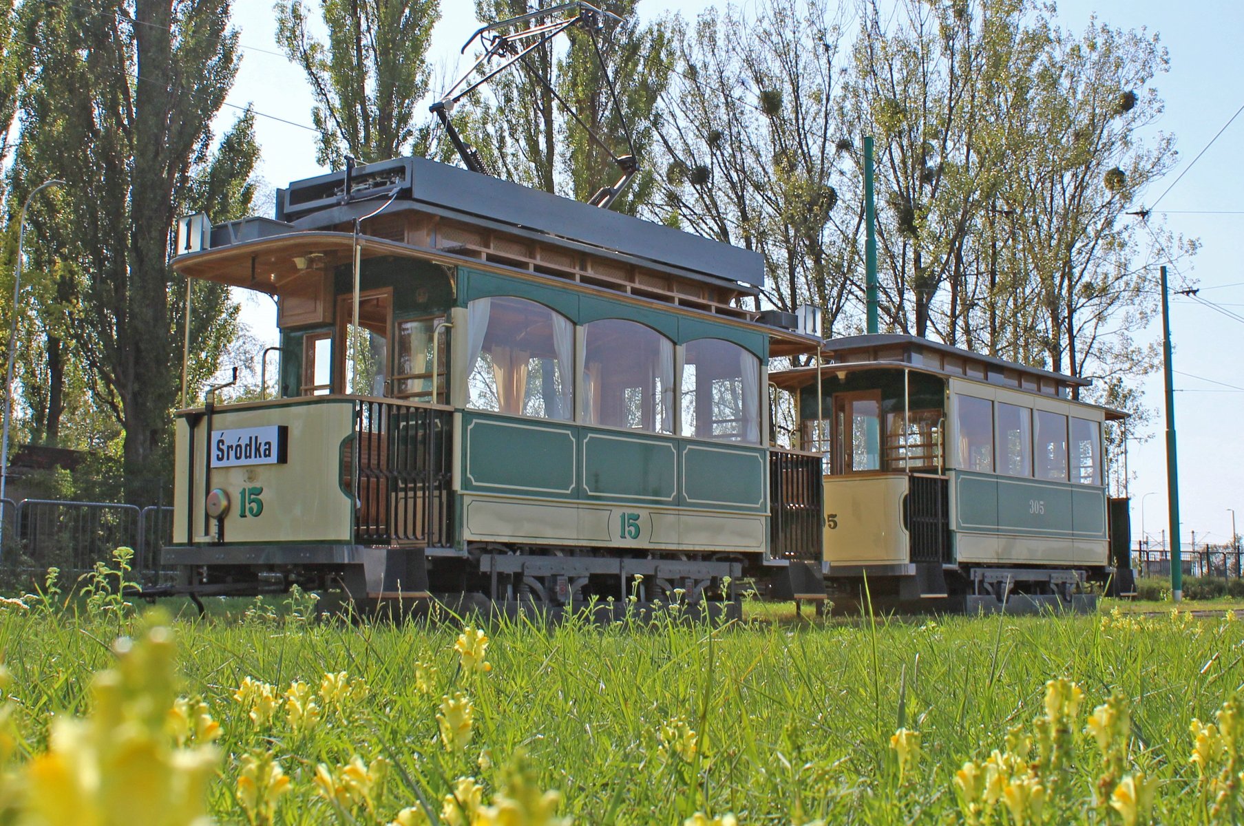 Na zdjęciu zabytkowy tramwaj stojący na torach, na pierwszym planie trawnik - grafika artykułu