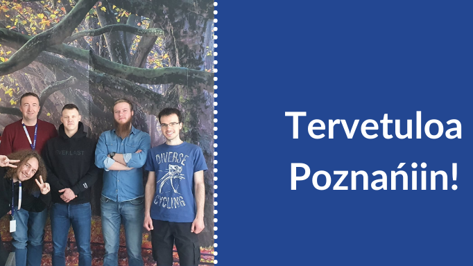 Grafika przedstawia zdjęcie pracowników firmy, jej nazwę i napis "Witamy w Poznaniu" w języku angielskim.