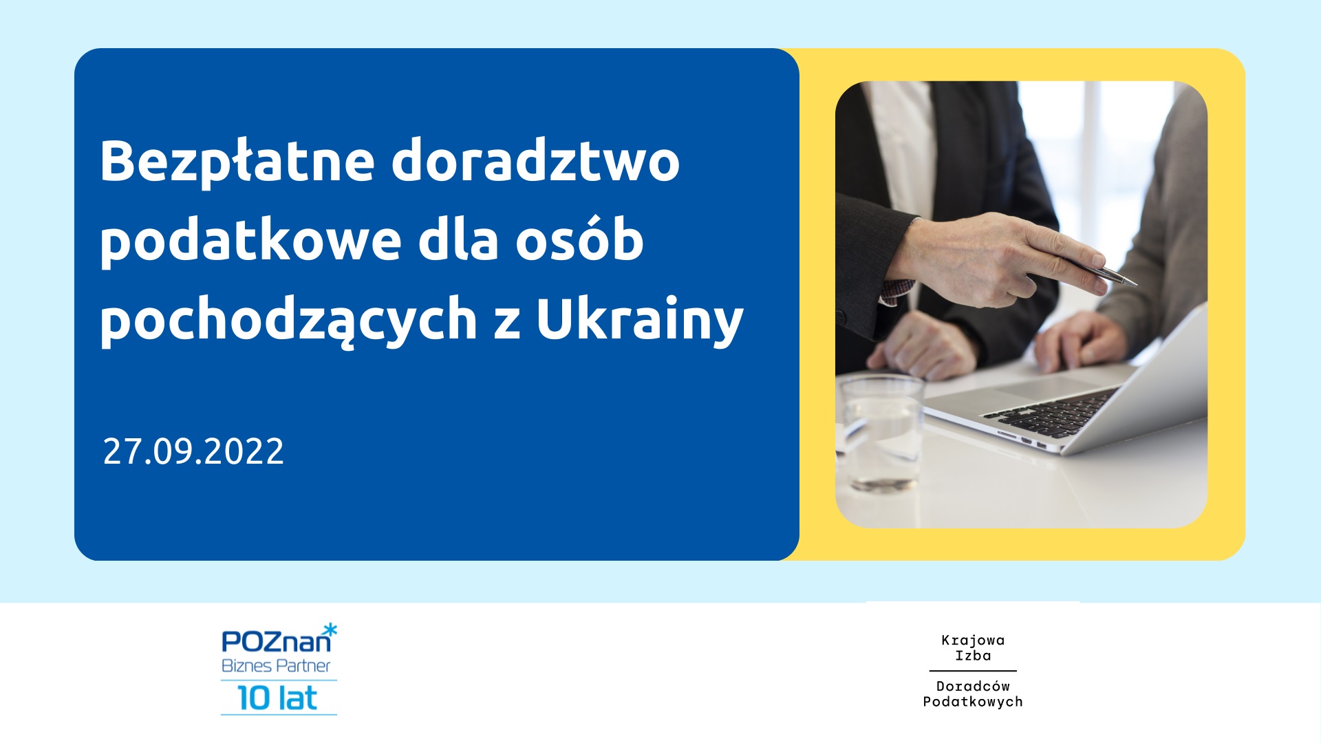 Grafika: zdjęcie osób przy laptopie, obok najważniejsze informacje o wydarzeniu - grafika artykułu